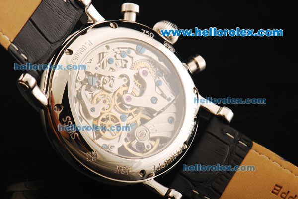 Patek Philippe Chronograph Swiss Valjoux 7750 Manual Winding Movement Steel Case with Black Dial and Black Leather Strap - Click Image to Close